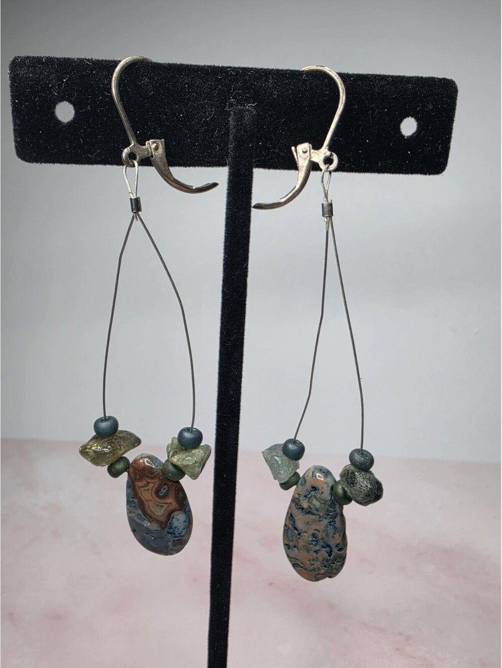 Artisan Blue Crazy Lace Agate Wire Dangle Earrings Hoop Boho